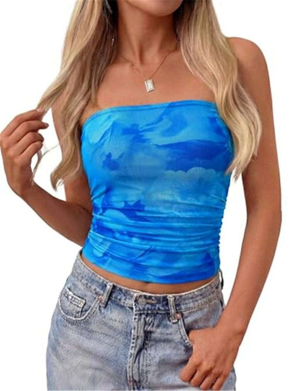 Women Blue Floral Tube Top Summer 2026 -  Cute Strapless Crop Top